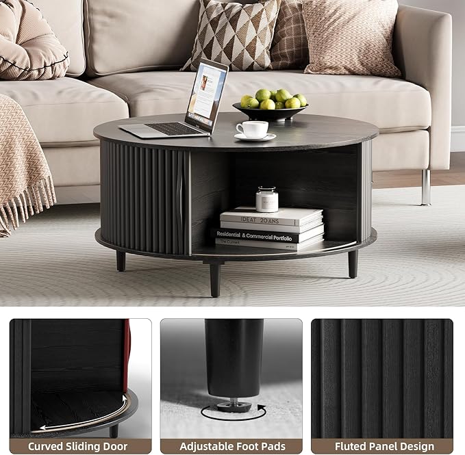 JOINICE,Black Round Coffee Table with Storage, 31.5" Fluted Center Table with Sliding Door, Modern Circle Drum Accent Table for Living Room, Sleek Wood Furniture for Small Spaces & Apartments