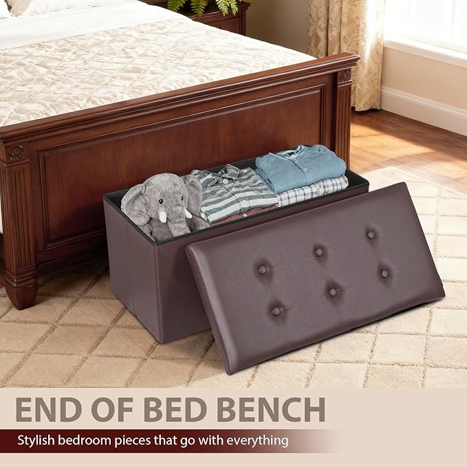 SUPER DEAL 30 inch Storage Ottoman, Faux Leather Folding Ottoman Bench, Padded Footrest, Entryway Seating Bench for Bedroom Living Room Entryway, Holds up to 660 lb, Brown
