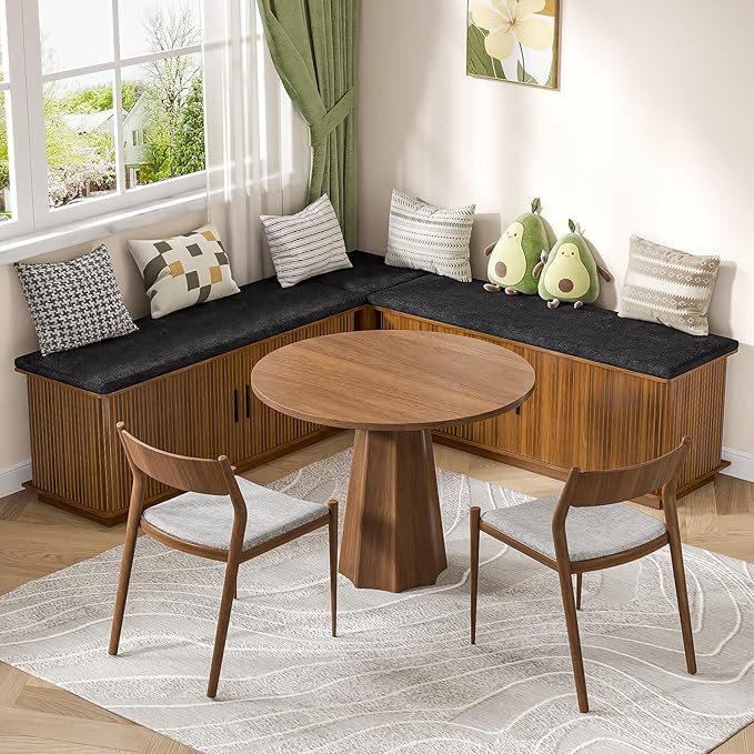 L-Shape Storage Bench with Cushion, Walnut Corner Dining Bench with Hidden Storage, Fluted Breakfast Nook Bench for Dining Room, Kitchen, Entryway, Cloakroom