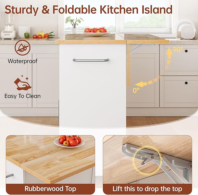 OtterOasis Rolling Kitchen Island with Hidden Trash Can Storage, Kitchen Island on Wheels with Storage, 3-Tier Spice Rack, Towel Rack&Drawer, Mobile Portable Island for Kitchen, White