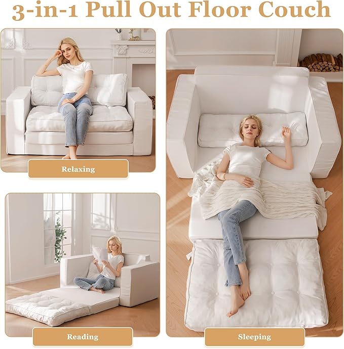 YOSHOOT Loveseat Boneless Couch,55" Convertible Sofa Bed Futon Couches for Living Room,3-in-1 Pull Out Floor Couch with Backrest and Pillows, White