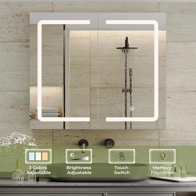 DICTAC Bathroom Medicine Cabinet with Mirrors and Led Lights 27.6x23.62 inch Double Doors Wall Mounted Mirror Cabinet with Storage Organizer Lighted Medicine Cabinets with Adjustable Shelves,White