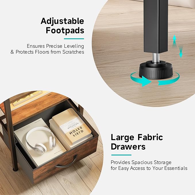 Lazzanto Night Stand Bedside Table Bedroom - Nightstand with Charging Station & LED Light Strip, Bed Side End Table with Storage Shelf & 3 Fabric Drawers, U-S-B Ports & AC Outlets, Rustic Brown