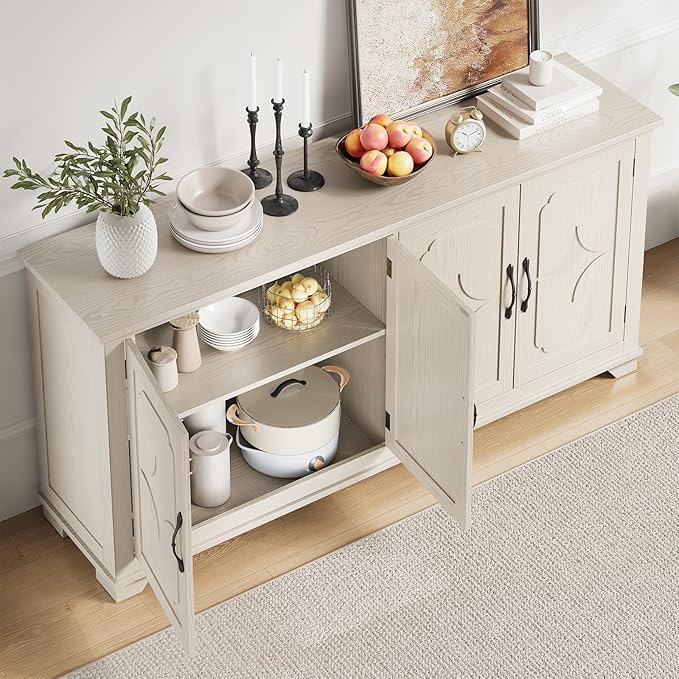 ONBRILL 63 Inch Buffet Cabinet with Storage, Large Sideboard Cabinet with 4 Carved Doors, Modern Credenza Storage Cabinets w/Adjustable Shelves for Kitchen, Living Room, Off White
