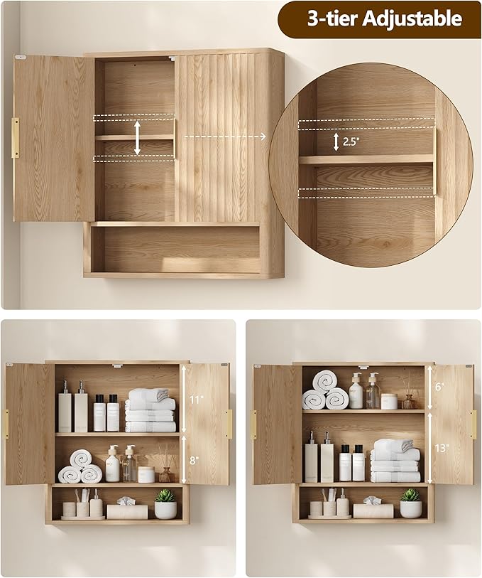 27.6"H Bathroom Wall Storage Cabinet with 2 Fluted Doors, Modern Medicine Cabinet with Adjustable Shelf, Curved Over the Toilet Storage Cabinet for Laundry Room, Kitchen & Living Room, Natural Oak