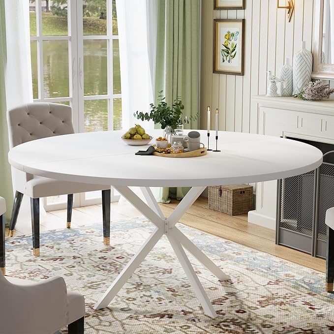 47.24" Round Dining Table for 4-6 Person, Round Kitchen Table with Wood Top, Circle Dinner Pedestal Tables with Metal Legs for Dining Room Kitchen (White)
