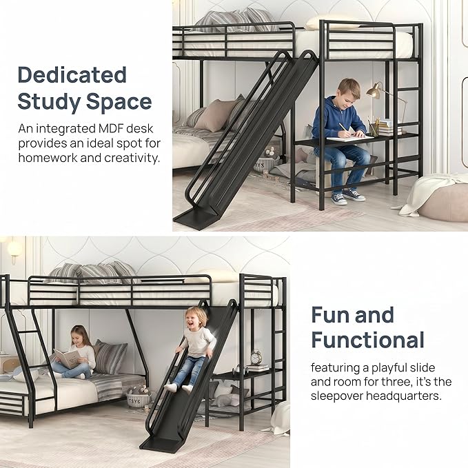 Bellemave Triple Bunk Beds, L-Shape Twin Over Full Bunk Bed Attached a Loft Bed with Desk, Triple Bunk Beds with Slide, Metal Corner Bunk Bed Frame for Three Kids Boys Girls Teens, Black