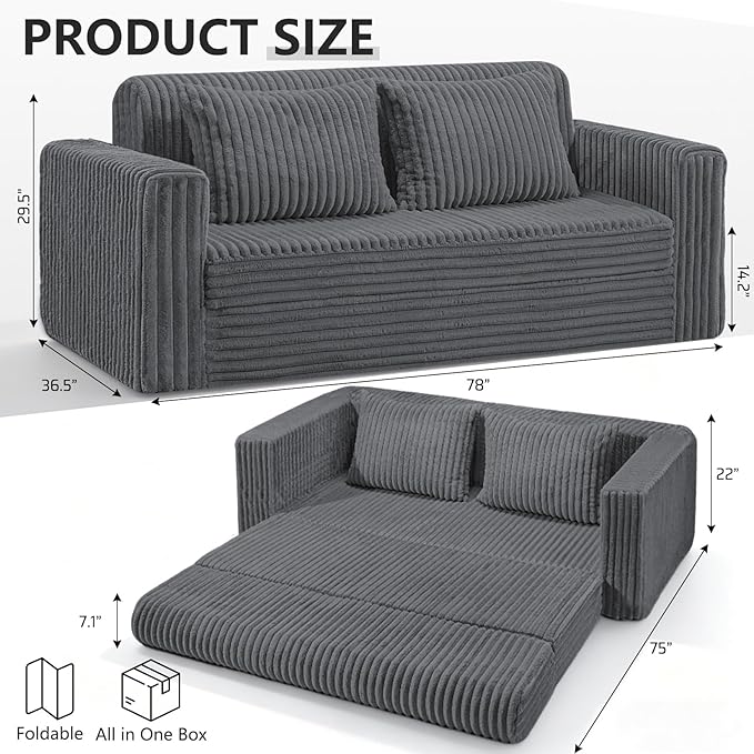 HABUTWAY 78" Loveseat Boneless Couch, 4-in-1 Convertible Sofa Bed, Plush Fur Folding Futon Sofa Bed Couches with 2 Pillows for Living Room, High-Density Foam Support, No Assembly Required, Grey