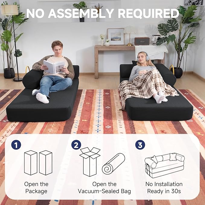 79" Boneless Couches for Living Room, Corduroy Sofa Bed with 2 Pillows,Side Pockets,Hex Arm, 5-in-1 Loveseat Sleeper Sofa for Small Spaces, High-Density Foam Couch, No Assembly, Black