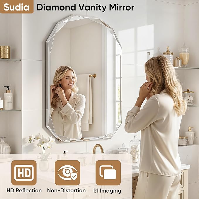 Suidia Bathroom Mirror, 30"x 48" Wall Mirror, Frameless Bathroom Mirror with Beveled Edge for Bedroom, Living Room, Entryway, Hallway, Arched Shape