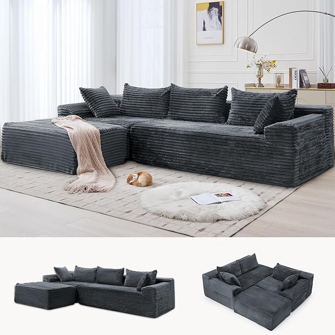 Korser 110" L-Shaped Modular Sectional Sofa with Chaise, Boneless Comfy Corduroy Fluffy Couch with Deep Seat and Side Pockets, Flexible Module Combination for Living Room, No Assembly, Side Pockets