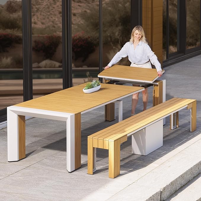 Transformer Table - Extendable Outdoor Dining Set up to 12, Expandable Patio Table, Weather-Resistant Wooden Outdoor Furniture, Light Oak, Natural (Table + Bench)