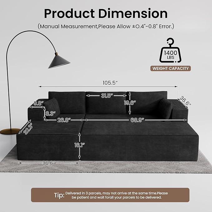 GRUSIGN 106" Oversized Sectional Boneless Sleeper Sofa Bed Couches for Living Room, Modular L Shaped Couch with Left Facing Chaise & Big Ottoman, Compressed Spineless Corduroy Cloud Sofas, Black | Deep Seat