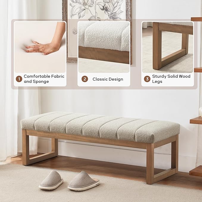 Zihanhome 52.7" Bedroom Bench for End of Bed, Modern Upholstered Teddy Fabric Entryway Bench & Dining Bench, Footrest Stool Bench with Solid Wood Frame for Bedroom, Living Room (Camel)