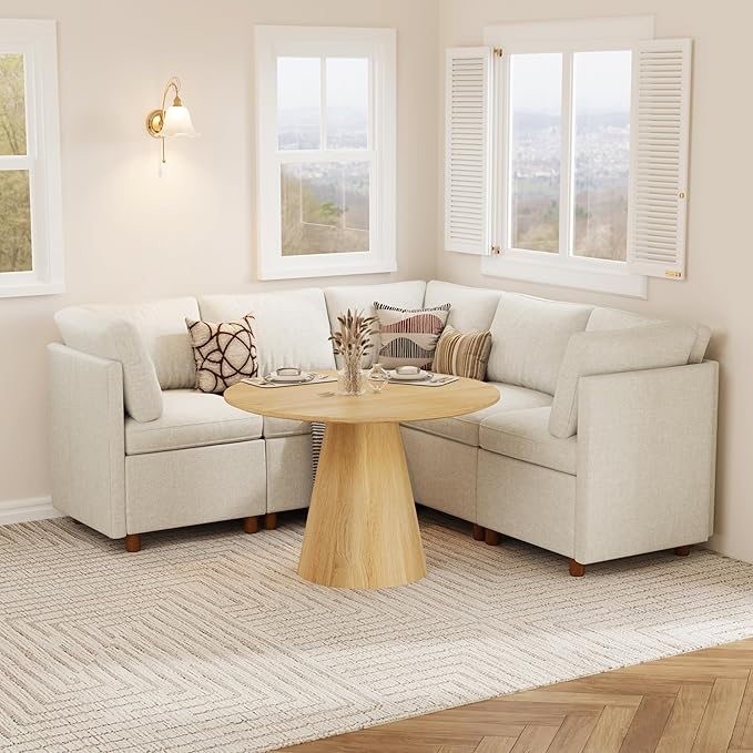 SITJOY Breakfast Nook Bench with Storage, Modular Corner Kitchen Banquette Seating, Dining Settee Couch, Upholstered Dining Bench with Back, Soft-to-Touch Fabric in Beige, 5-Seat L Shaped Booth