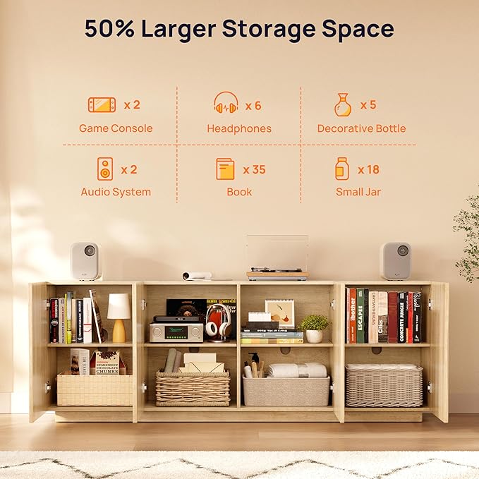 70" Fluted TV Stand for TVs Up to 50/55/65/75", Mid-Century Modern Entertainment Center for Living Room, Tall Sideboard & Storage Cabinet Wavy Media & TV Console, 8 Cable Holes&Soft-Close, Natural Oak