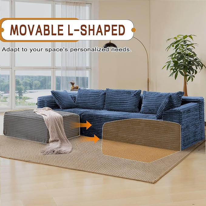 Korser 110" L-Shaped Modular Sectional Sofa with Chaise, Boneless Comfy Corduroy Fluffy Couch with Deep Seat and Side Pockets, Flexible Module Combination for Living Room, No Assembly, Side Pockets