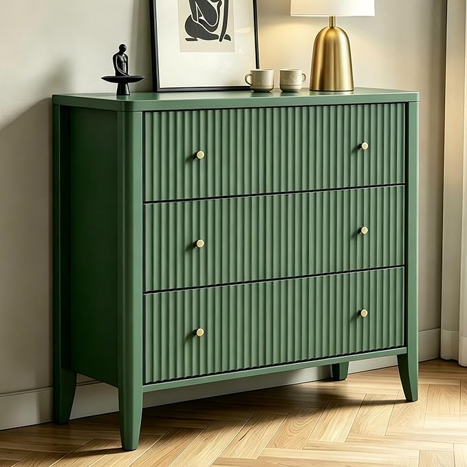 Fatmok Fluted 3 Drawer Dresser for Bedroom, 34" Wide Chest of Drawers, Modern Wood Nightstand End Table with Metal Handles, Striped Storage Cabinet for Living Room, Hallway, Entryway, Green