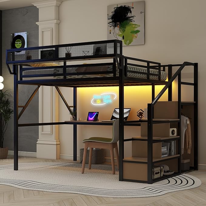 KEIKI Queen Size Metal Loft Bed Frame with Desk, Staircase, Built-in Storage Shelves and Wardrobe, Modern Loft Bed with Solid Slat, Guardrail, No Box Spring Required, Easy Assembly, for Bedroom, Black