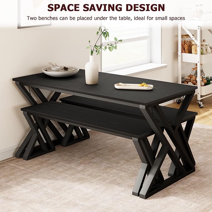 GarveeHome 55" Kitchen Table with 2 Benches, Dining Table Set for 4, Saving Space Dining Room Table Set for Kitchen, Dining Room, Apartment, Sturdy Metal Frame, Black