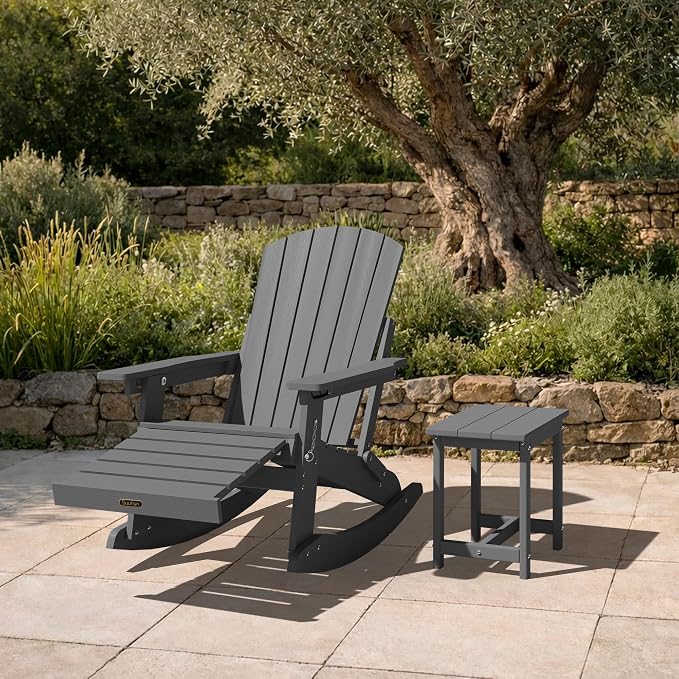 Adjustable Adirondack Rocking Chair Set of 2 with Retractable Ottoman Footrest, 4-in-1 Foldable HDPE Outdoor Rocker, Weather Resistant Adirondack Chair for Porch, Garden & Poolside, Grey