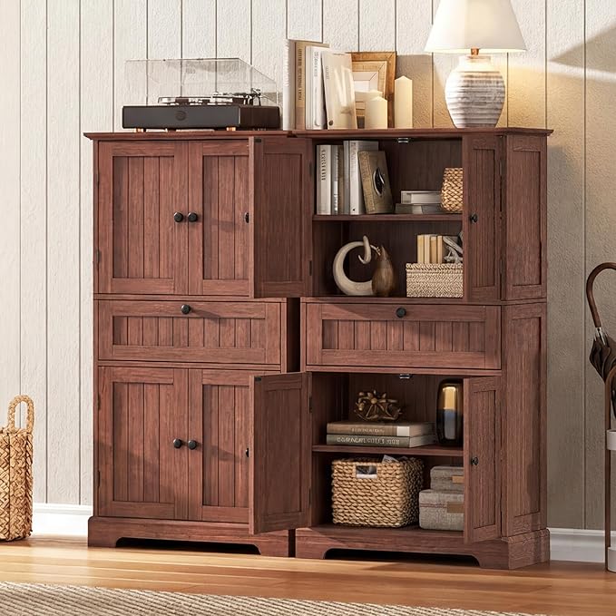 ChooChoo 51" H Tall Bathroom Floor Cabinet, Modern Bathroom Storage Cabinet with Drawer and Adjustable Shelves, Freestanding Kitchen Pantry Cupboard with 4 Doors for Living Room, Walnut