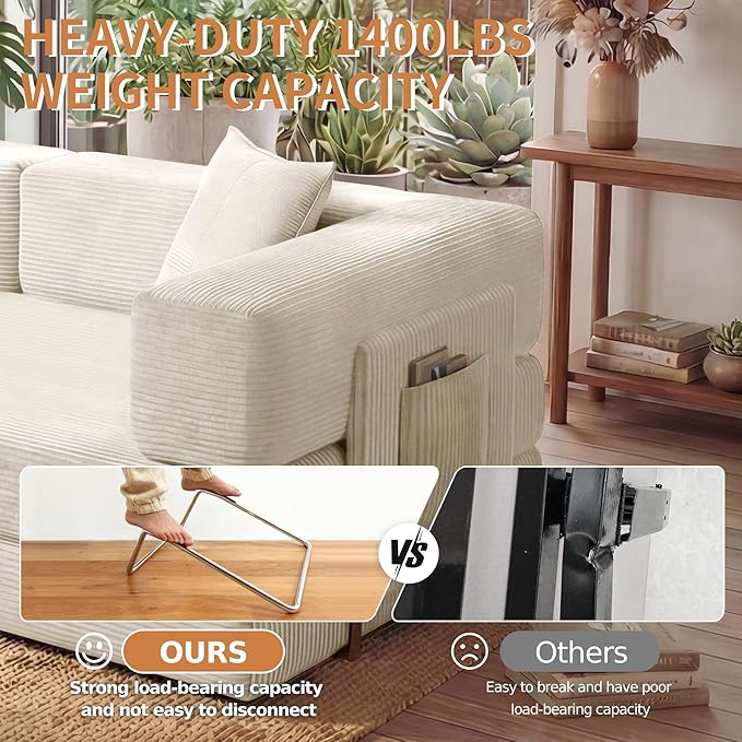 78.8" Convertible Sofa Bed with Armrest Pillow, 4-in-1 Sleeper Couch Bed for Livingroom, Modular Corduroy Boneless couches, No Assembly (Beige)