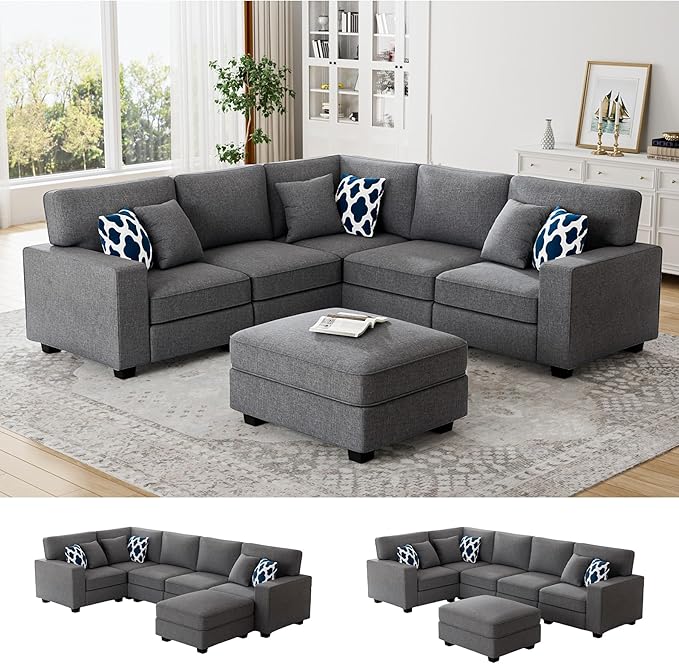 Legend Vansen Oversized Modular Sectional Sofa,U/L‑Shaped Reversible Couch with Ottoman,Deep Seat Plush Polyester Sofa for Living Room,6‑Seater,Dark Grey