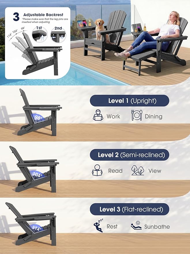 KINGYES Adjustable Folding Adirondack Chair with Footrest & 4-in-1 Multi-Functional Armrest Organizer Set of 4, HDPE Foldable Recliner Adirondack Chair with Pull-Out Ottoman, Grey