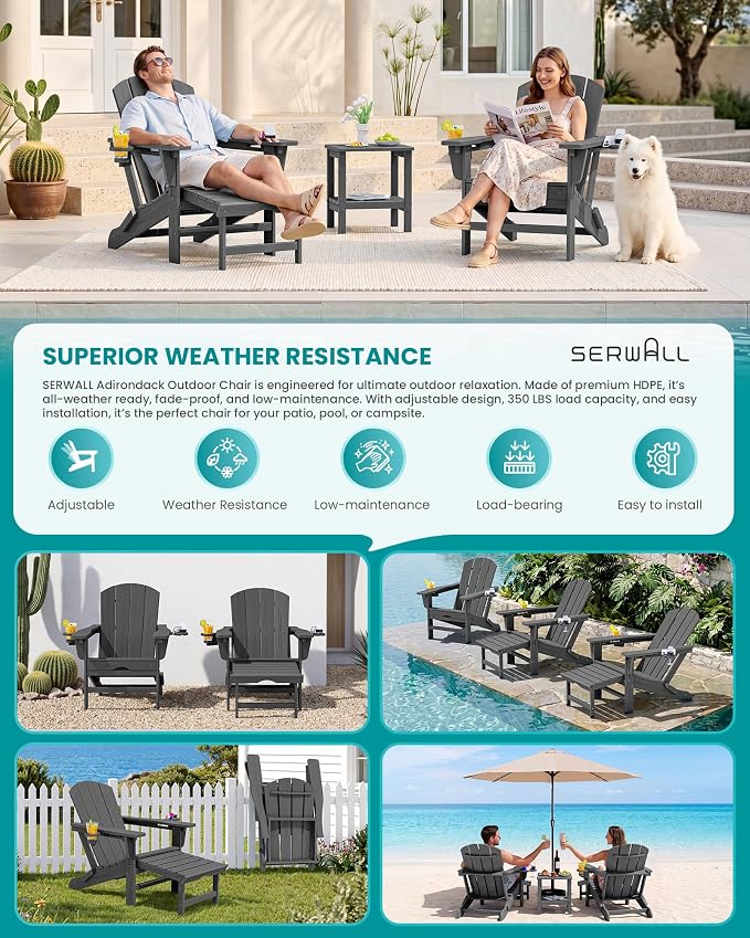 SERWALL Folding Adjustable Adirondack Chair with Footrest, HDPE Outdoor Chair with Dual Cup Holders, All Weather Adirondack Chair with Ottoman, Gray