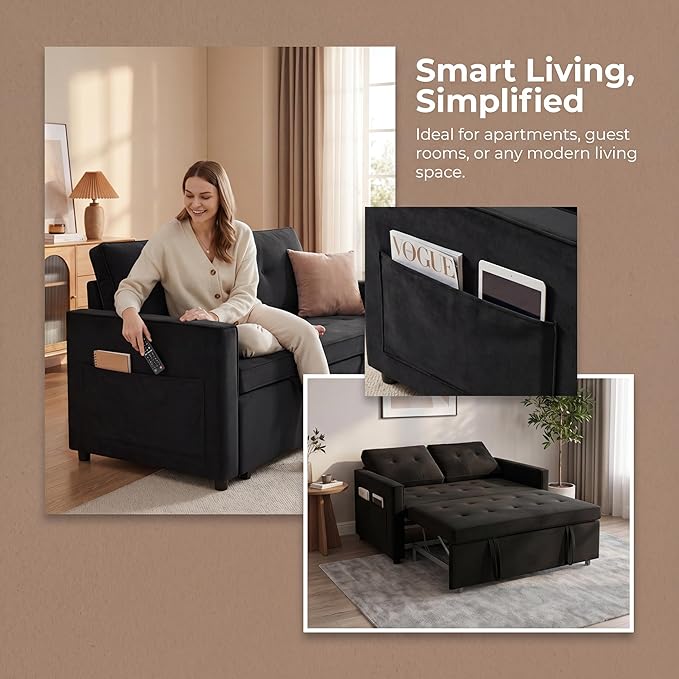 Convertible Sofa Bed, Pull Out Couch with Side Pockets, 3 in 1 Velvet Fabric Loveseat Sleeper Sofa Bed, Pull Out Couch with Adjustable Backrest for Living Room, Bedroom, Apartment, Light Gray