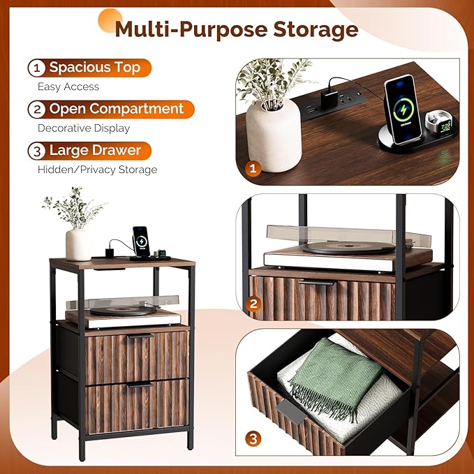 VINGLI Walnut Nightstand with Charging Station and Fabric Drawers, Fluted Nightstand with Drawers, Bedside Table/End Table with Charger Station, Side Table Bedroom, Small Night Stand Dark Walnut