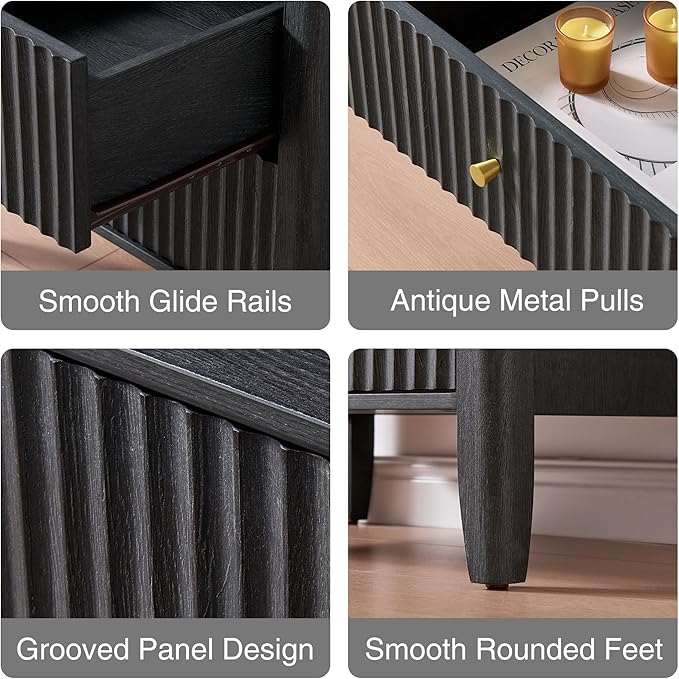 Fluted Nightstand with Charging Station Set of 2, 21" Wide Modern Bedside Table with 2 Drawers & Open Shelf, Wood End Table with Storage & Metal Handle for Bedroom, Small Spaces, Black Grey