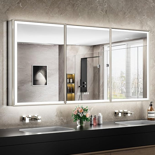 72x30 Lighted Medicine Cabinet with Mirror, Beveled Brushed Nickel Framed Surface or Recessed Fogless Dimmable LED Medicine Cabinet with Outlet, Time Display and Sensor Inner Light