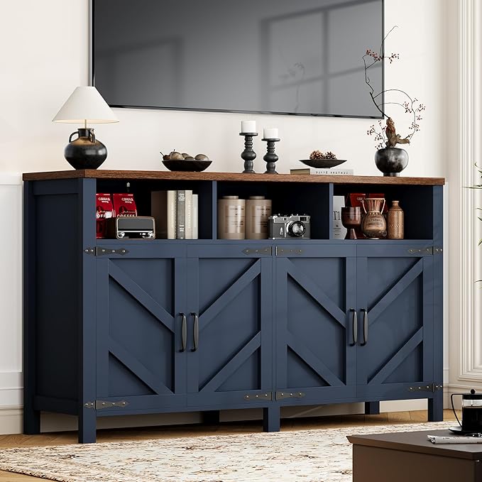 knoworld Buffet Sideboard with Storage Farmhouse with 4 Doors, 55'' Large Kitchen Storage Cabinet Wood Coffee Bar Buffet Table for Kitchen, Dining Room (Blue, 55 in)