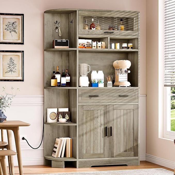 YITAHOME Kitchen Pantry Storage Cabinet, 67" Tall Kitchen Hutch with Outlet & Door & Shelves & Drawer, Farmhouse Wooden Microwave Stand Buffet Coffee Bar for Home Living Dining Room, Antique Gray