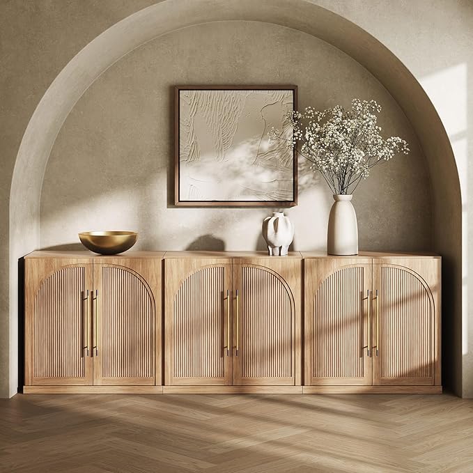 BELLEZE Set of 3 Modular Sideboard with Double-Arc Wood Doors, 97'' Arched Buffet Cabinet with Storage and Adjustable Shelves, Classic Modern Credenza for Dining Room Living Room Entryway (Camel)
