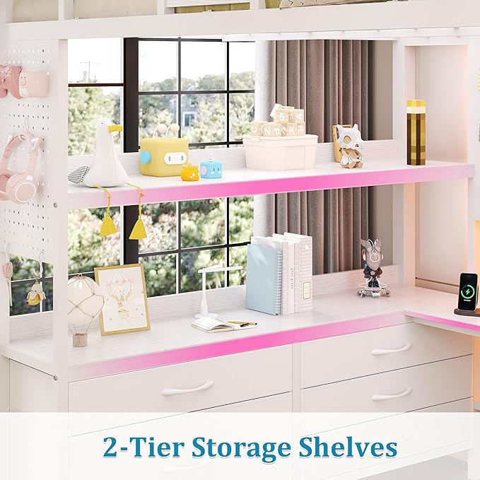 Loft Bed with Desk,Full Size Loft bed with 5 Drawers & 3 Open Shelves and & Clothing Rack,Loft Bed Full Size with Charging Station &LED Light & Thickened Tread Stairs for Adults/Kids/Young Teens,White