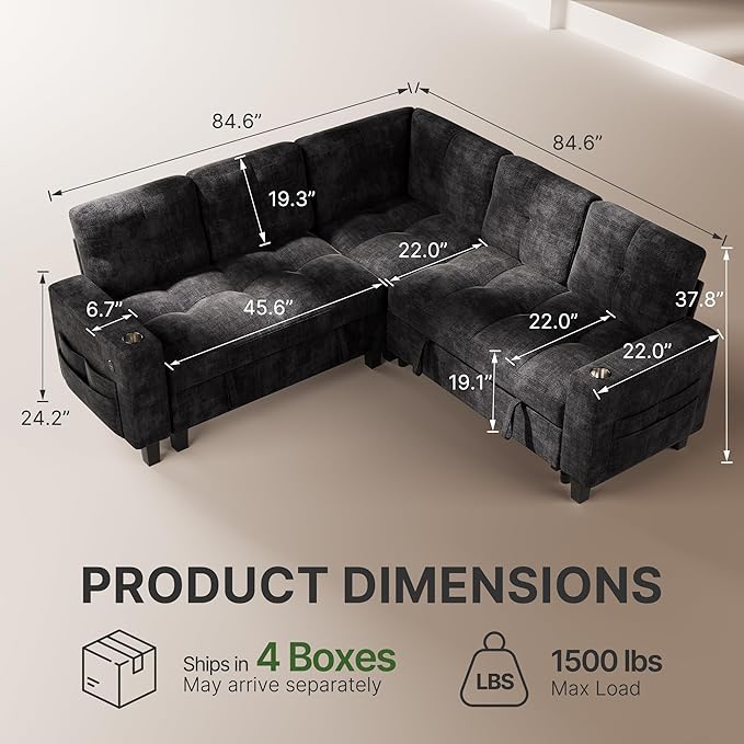 Marsail 84.6" Sectional Sleeper Sofa with Pull Out Bed, 5 Seat Modular Sectional Couch with Storage, USB & Cup Holders, Modern Chenille Cloud Sofa for Living Room, Dark Gray