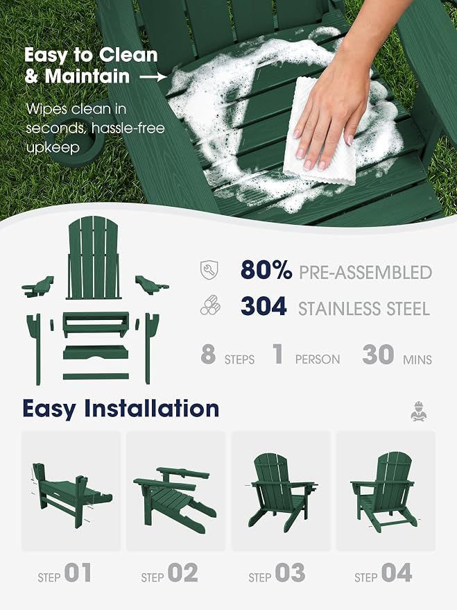 KINGYES Adjustable Folding Adirondack Chair with Ottoman & 2 Cup Holders Set of 2, HDPE Adirondack Reclining Chair with Footrest, Green