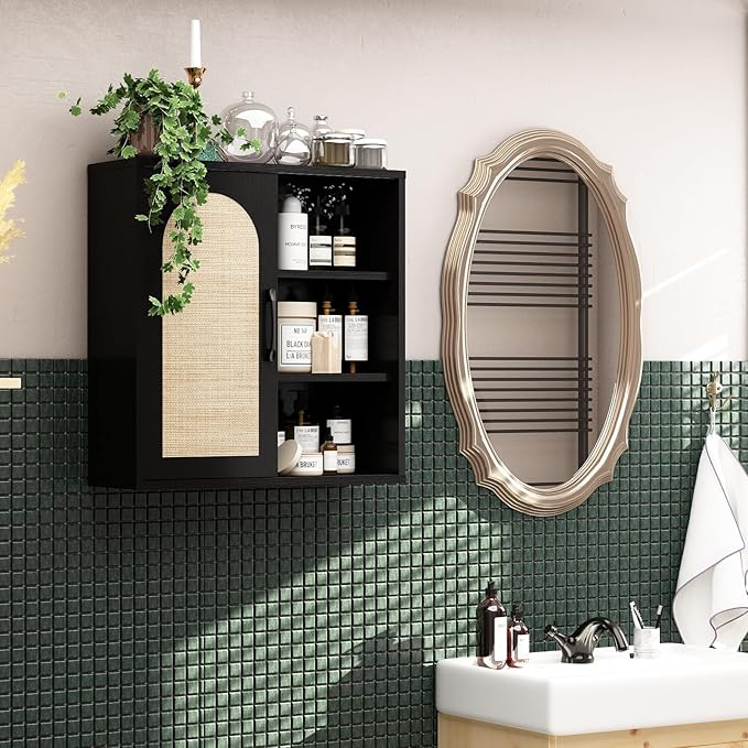 RUSTOWN Boho Rattan Wall Cabinet, Midcentury Bathroom Cabinet with Sliding Door, Adjustable Shelves, Over The Toilet Storage Cabinet (Black)
