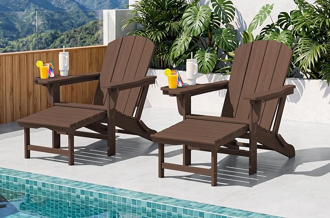 SERWALL Folding Adjustable Adirondack Chairs with Footrest Set of 2, HDPE Outdoor Chair with 4-in-1 Cup Holders, All Weather Adirondack Chair with Ottoman, Coffee