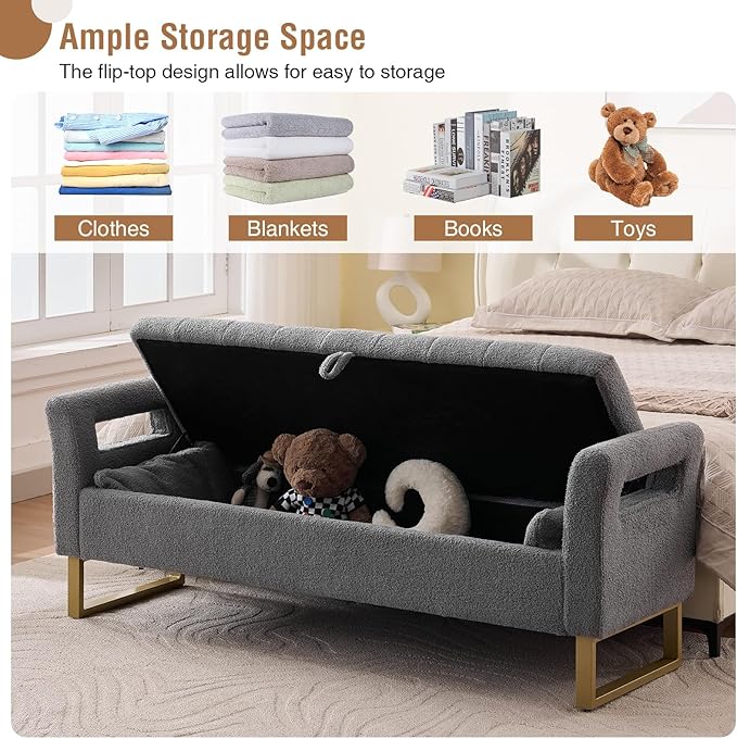 Storage Bench for Bedroom End of Bed King Size, 66'' Bedroom Benches for Foot of Bed King, Grey Teddy End of Storage Bench with Gold Legs & 2 Pillows for Entryway, Windows, Closet