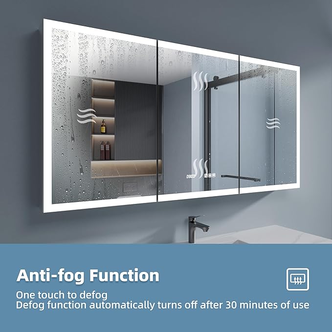 LED Medicine Cabinet Mirror, 60x30 Inch Bathroom Storage, Recessed/Wall Mount, Plug-in/Hardwired, 3 Color Dimmable Light, Anti-Fog, Time Temp Display