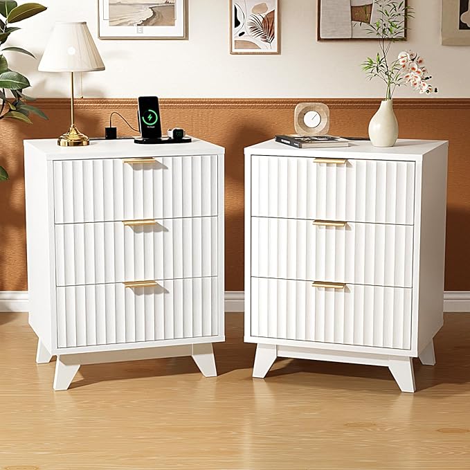 VINGLI White Nightstands Set of 2 with Charging Station, Fluted White Night Stand Bedside Table with Drawers for Bedroom, Fluted Bedside Table/End Table/Side Table, 17.72" W*13.78" D*23.62" H, 2 pcs