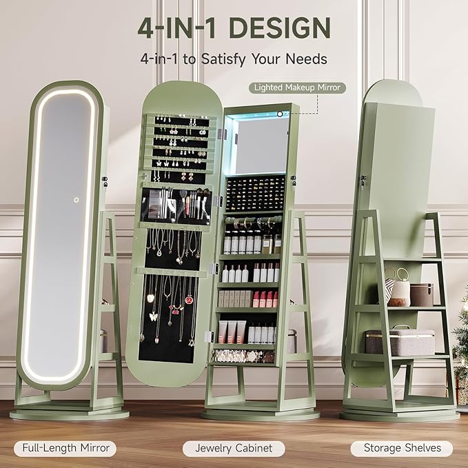 360° Swivel Jewelry Mirror Cabinet with Lights, Inside Makeup Mirror, Standing Jewelry Armoire Organizer, Rotatable Full-Length Mirror with Jewelry Storage, Lockable with Back Storage Shelves (Green)