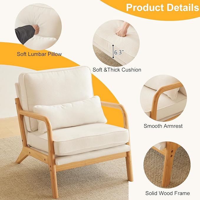 Bonnlo Coarse Beige Accent Chairs Set of 2, Upholstered Mid Century Modern Lounge Fabric Chairs Reading Chairs Side Sitting Chair Solid Wood Farmhouse Armchairs for Living Room, Bedroom, Guest Room