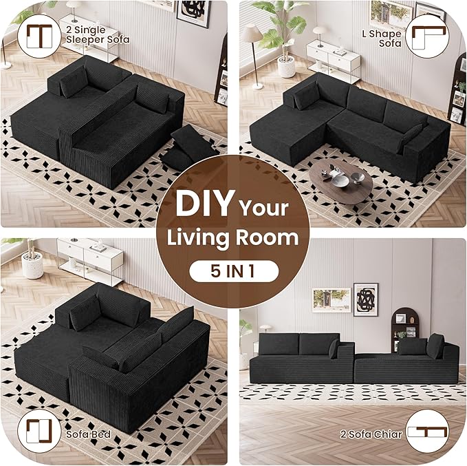 106" Cloud Sectional Boneless Couches for Living Room, Modular L Shaped Couch with Deep Seat Oversized Right Facing Chaise, Memory Foam Compressed Spineless 3 Seater Sofa for Apartment, Black