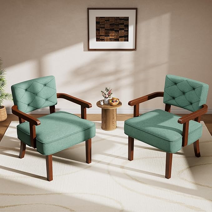 Versatile Accent Chairs Set of 2,Butacas para Sala, Modern Oversize Arm Chair,Upholstered Wooden Chairs with Arm Rest,Tufted Backrest,Cushion, for Office,Waiting/Reading/Living Room, Green