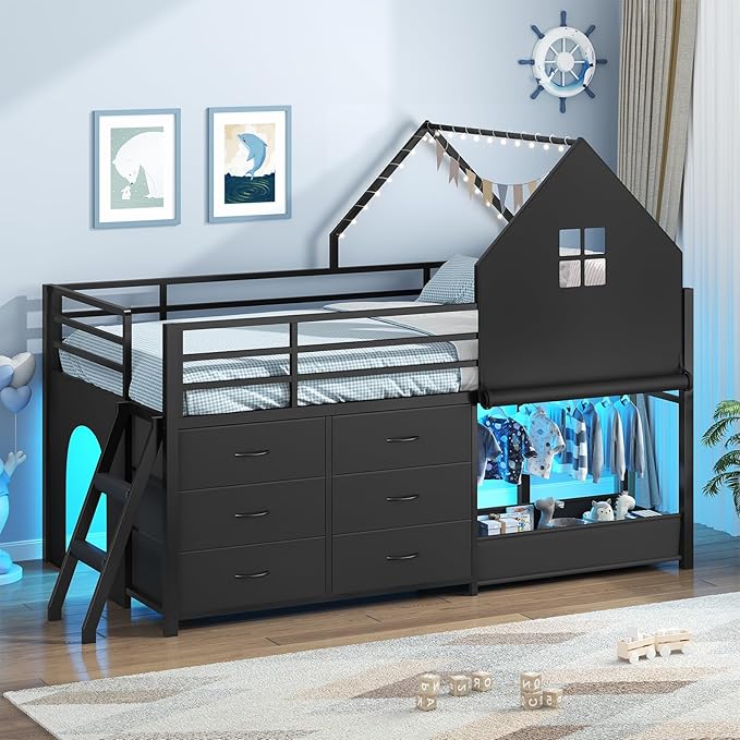 UPOSOJA Twin - Low Loft Bed with Kids Clothing Rack, Kids Loft Bed, Loft Bed with Tent, Toy Storage Box, Safety Guardrail, LED Light, Under-Hide and Seek Bed Play Space (Black)
